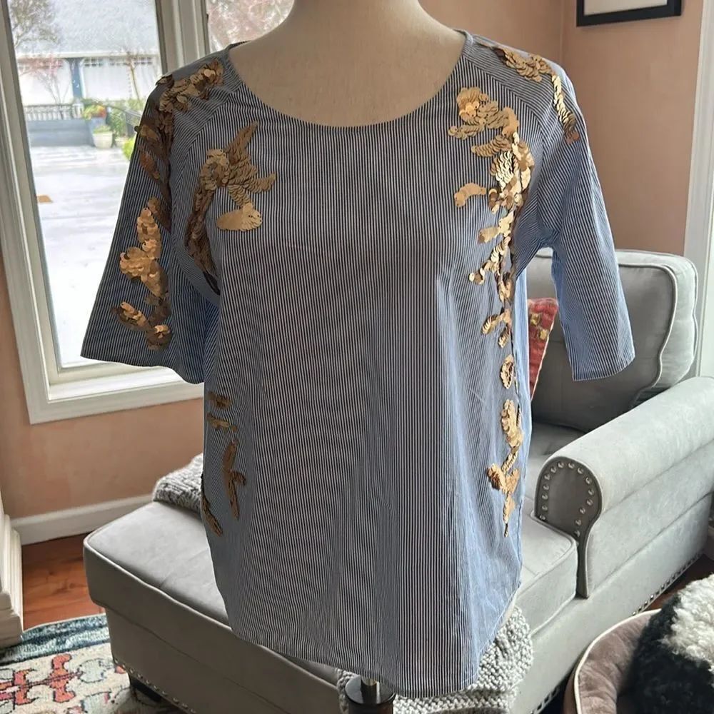 Chloe Stora blue /white pinstriped blouse with gold sequin size 36 ( large)